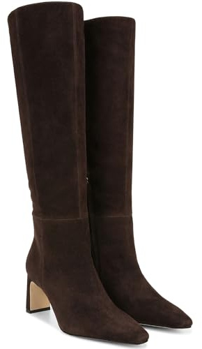 Burgundy Knee High Boots for Women Square Toe Chunky Heeled Wide Calf Boots Fall Dress Elastic Tall Boots with Zipper, Chocolate-brown, 4.5 UK