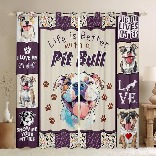Manfei Cartoon Pit Bull Kids Blackout Curtain,Dog Paws Geometric Grid Patch Window Drapes for Boys Girls,Cute Animals Pets Rustic Purple Beige Window Treatments Grommet Top 2 Panel Set,42Wx84L inch