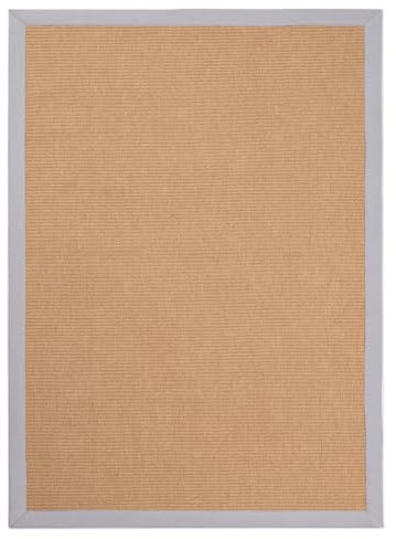 carpetfine Sisalteppich Naturfarbe 200x290 cm handgewebt mit Bordüre aus Baumwolle in Hellgrau | Moderner Rutschfester Flachgewebeteppich Uni aus Naturfasern für Wohnzimmer, Schlafzimmer
