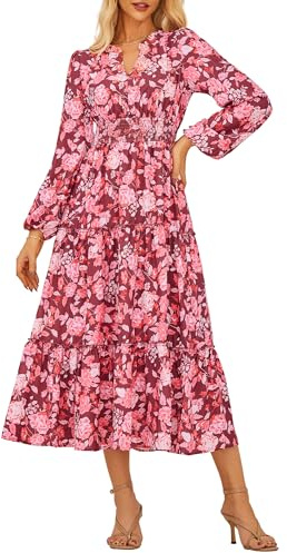 GRACE KARIN Vestido de manga larga para mujer, vestido largo elegante, cuello en V, cintura elástica, vestido floral, XL