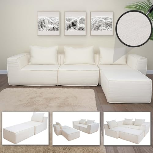 L-Sofa HWC-O54, sofá con otomana, ampliable modular derecha/izquierda, tela/textil 63 x 270 x 190 cm – crema