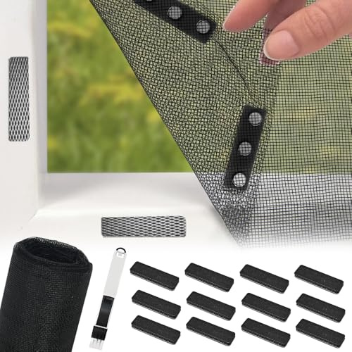 BUZIFU Zanzariera Rete in Fibra di Vetro 120x250cm con 12 Paia Fibbia a Schermo Magnetico e Spazzola Zanzariera a Rete per Finestre per Anti-zanzare e Insetti per la Maggior Parte dei Tipi di Finestre