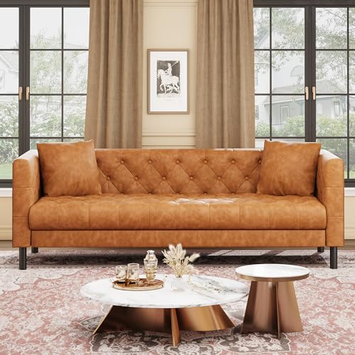 GAOMON 81 Mid-Century Modern Leather Sofa for Living Room, Chesterfield Sofa with Deep Seats and 2 Pillows, 3 Seater Couch with Button Tufted, Leather Couch for Apartment, Office, Cognac Tan