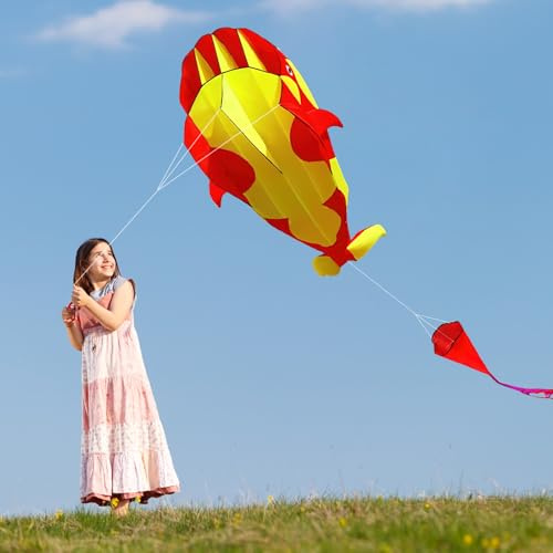 Aquiloni Orca, Fancysky Aquiloni per Adulti, Aquilone da Spiaggia, Design Pieghevole, Adatto a Prati, Parchi, 215 X 125 CM (Rosso e giallo)