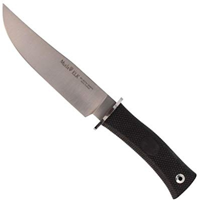 Muela Cuchillo ELK-14G hoja de acero ACX-380 de 14,7 cm y empuñadura de goma para Caza, Pesca, Supervivencia y Bushcraft Realizado en Ciudad Real + Portabotellas de regalo