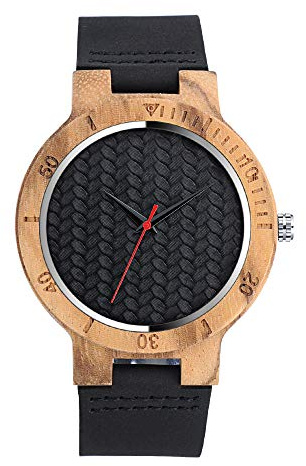 MICGIGI Unisex Wave Scrub-Design Analog Quarz Holzuhr Zebra Bambus Holz Armbanduhr mit Leder Armband