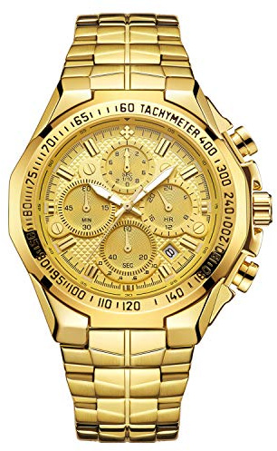 RORIOS - Reloj analógico para Hombre, Cuarzo, Luminoso, cronógrafo con Calendario, Acero Inoxidable, Correa de Esfera clásica, Reloj para Hombre, Dorado, Pulsera