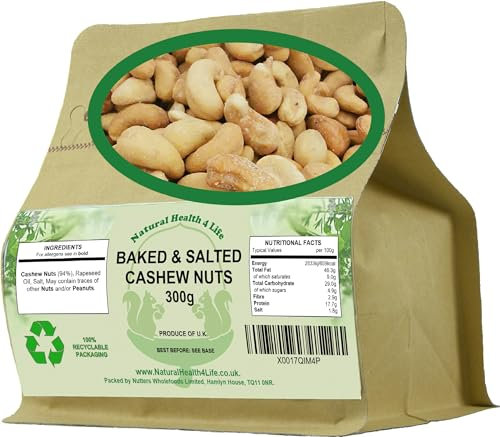 Natural Health 4 Life Baked and Salted Cashew Nuts 300g, Whole Cashew Snack, High Protein and Fibre, Low Sugar, Vegan and Gluten Free Nuts Snacks in Kraft Pouch for Snacking and Cooking