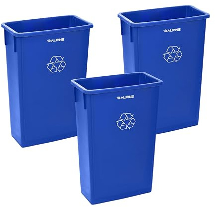 Alpine Commercial Slim Trash Can 23 Gallon - Set of 3 Tall Blue Recycle Bin – Space-Saving, Leakproof Plastic Waste Receptacles for Office, Janitorial & Public Use