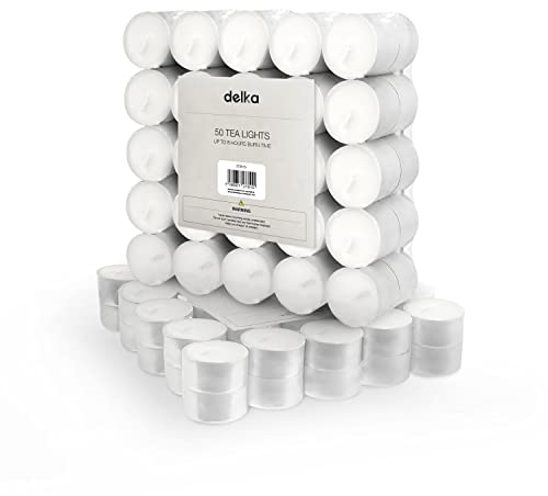delka Unscented Tea Lights White- Long-Lasting 8 Hour Burn Time-Smoke-Free Bright Flame -Ideal for Weddings, Events, Aromatherapy, Home Décor, and Emergency Use-Premium Quality (White, Pack of 100)