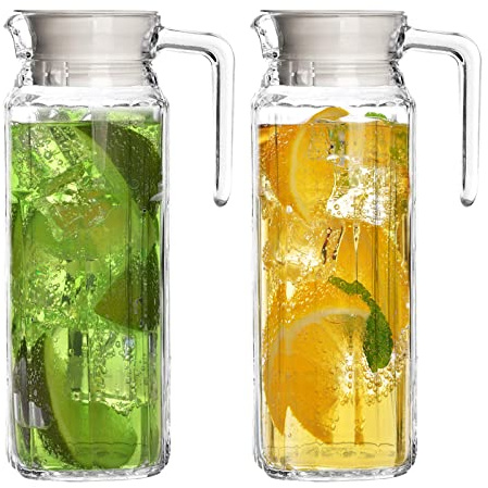 Glass Pitcher with Lid – Set of 2 34Oz Glass Water Pitcher – Cold Water Carafe For Ice Tea, Lemonade, Coffee – Elegant and Modern – Practical Spout Pitchers for Drinks