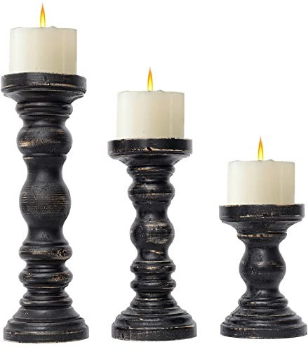 SWALLOWLIVING Rustic Farmhouse Wood Pillar Candle Holder Set of 3 for Candlestick, Black