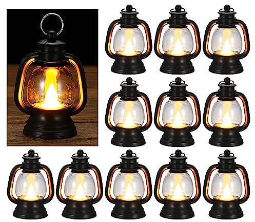 PATIKIL 12 Pack Christmas Mini Lantern with LED Candle, 4 Vintage Candle Lanterns Hanging Decorative for Tables Centerpiece Halloween Christmas Party, Black