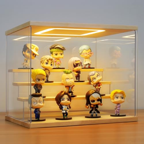 AZEYN Acryl Vitrine mit LED Beleuchtung, 3/4/5/6 Stufen Staubdicht Schaukasten für Minifiguren, Display Case Box für Modellautos Collectibles (Holz 4 Stufen 32×24.5×27cm)