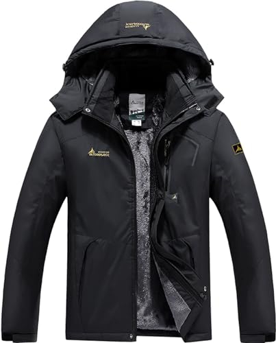 DAFENP Herren Skijacke Wasserdichte Winterjacke Warm Gefüttert Snowboardjacke Softshelljacke Winddichte Atmungsaktiv Outdoorjacke Wanderjacke mit Kapuze CFY815M-Black-XL