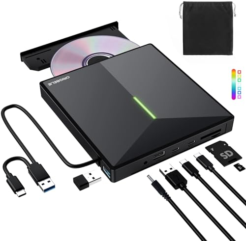 ORIGBELIE Externes CD Laufwerk mit 4 USB-Anschlüssen und 2 TF/SD-Kartensteckplätzen, Tragbares USB 3.0 Externes DVD Laufwerk für Laptop MacBook Desktop PC Windows 11/10/8/7 Linux Mac OS