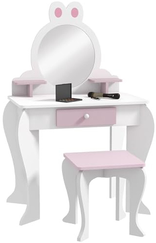 ZONEKIZ Kids Dressing Table with Mirror and Stool, Kids Vanity Table Girls Dressing Table with Drawer, Storage Shelf, Rabbit Design, for Ages 3-6 Years - White and Pink