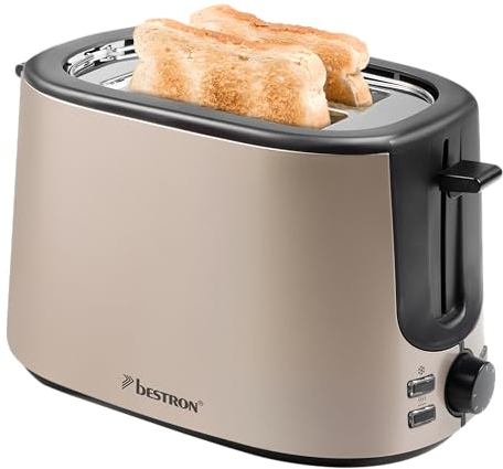 Bestron Toaster mit 2 Röstkammern, Toaster für 2 Scheiben, mit 7 Bräunungsstufen, Krümelschublade & Brötchenaufsatz, 1000 Watt, Satin Collection, Farbe: Hellbeige