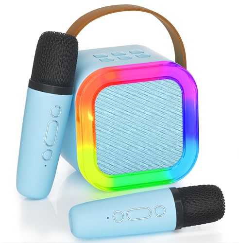 Karaoke Maschine mit 2 Karaoke Mikrofonen, Karaoke Maschine Kinder mit Mikrofon Mädchen Geschenke Spielzeug für 3-12 Jahre - Bluetooth MusikLautsprecher, Blau