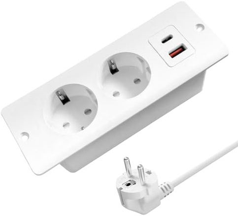 HIULLEN Bordsuttag infällbart uttag med PD20 W, 2-vägs inbyggt uttag med 2 USB, inbyggt grenuttag snabbladdning för bordsskiva skrivbord kök kontor, 2 m kabel, vit