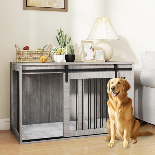 PawHut Dog Crate Furniture, Heavy Duty Dog Cage with Barn Door for Extra Large Breeds, End Side Table Pet Kennel with Removable Cushion for Indoor Use, 118 x 60 x 73 cm, Grey