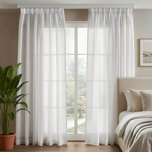 Deconovo Linnegardiner med veckband set om 2 stycken H 225 x B 140 cm vita butiker, gardiner för skensystem, sheer gardiner