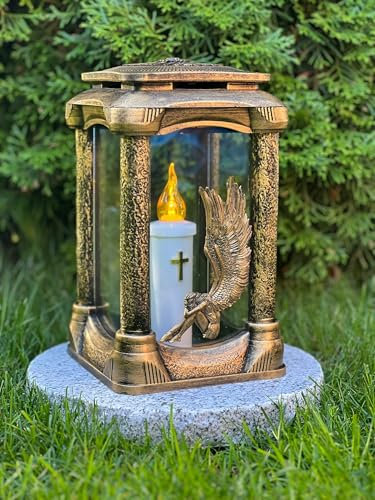 Lanterne funéraire avec ange 3D - 25 cm de hauteur - Couleur or - Bougie funéraire - Décoration de jardin - Lanterne avec bougie - Avec socle