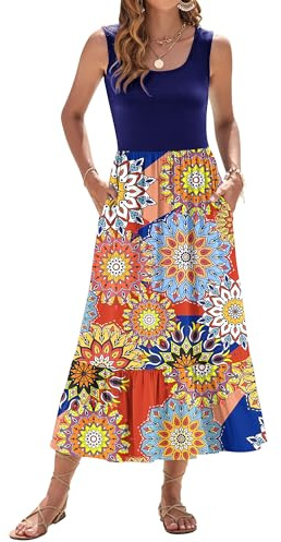 WNEEDU Robe Longue d'été pour Femme sans Manches à Taille Empire Robes de Plage à col en U aérée avec Poches Mandala Bleu M