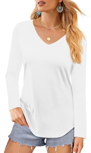 Elesomo Ladies Casual T-Shirt Long Sleeve V Neck Tops Cotton Shirts Blouse, White 20