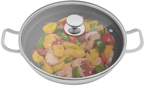 Balider Padella in acciaio inox, 36 cm, per cottura a induzione, con coperchio, rivestita in acciaio inox, resistente al forno, bordo alto