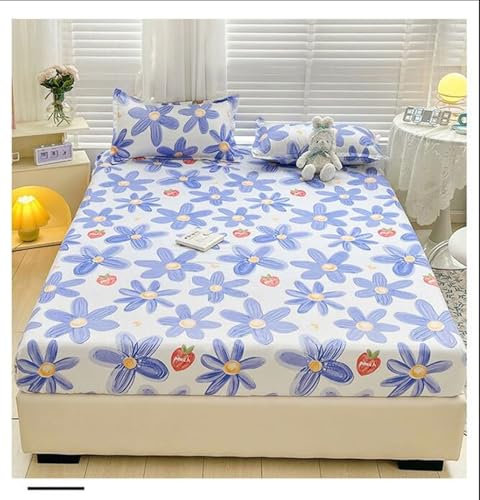 Spannbettlaken 90x200cm, Blau Spannbetttuch Blumenmuster Polyester Spannbetttuch + 2 Kissenbezüge