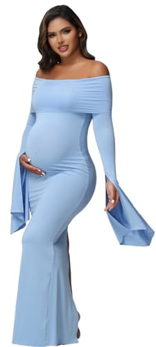 JustVH Women's Maternity Long Sleeve Off Shoulder Pregnancy Photography Dress for Baby Shower Photoshoot Party Blue