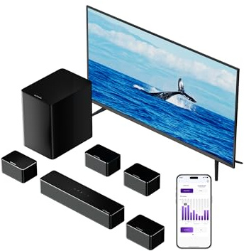 ULTIMEA 7.1ch Sound bar with Wireless Subwoofer, Virtual Surround Sound System for Smart TV, 4 Wired Surround Speakers, 410W Peak Power, App Control, Home Theater Sound System Poseidon D70, 2025 Model