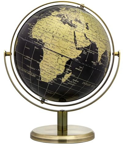 EXERZ Globo de 20 cm, color negro y dorado, rotación de 360 grados en todas las direcciones, World Globe Educational Geographic, arco y base de bronce, mapa inglés.