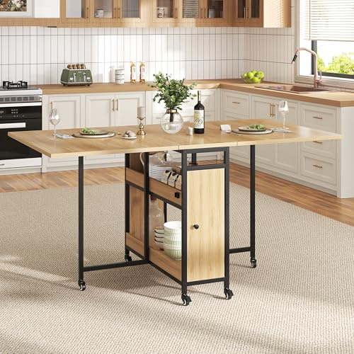 HSH Klappbarer Esstisch Klapptisch Küche Mit Stauraum Küchentisch Klappbar mit 2 Regalen und Rollen Mobiler Tish aus Holz und Metall Platzsparender Für Küche Wohnzimmer Wohnung Eichenoptik 130cm