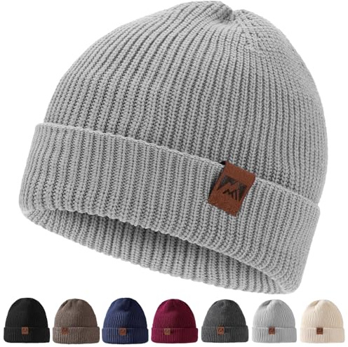 ricema Beanie Mütze Herren Damen - Wintermütze mit Lederpatch Warme Strickmütze - Weiche Dehnbare Unisex - Stylische Urban Streetwear Mütze - Winter, Grau