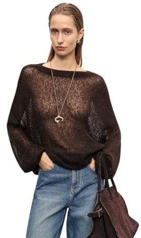 Women’s Cashmere-Silk Relaxed Fit Sweater, Soft Lightweight Crewneck Pullover Knit Top for Everyday Comfort Cocoa Brown