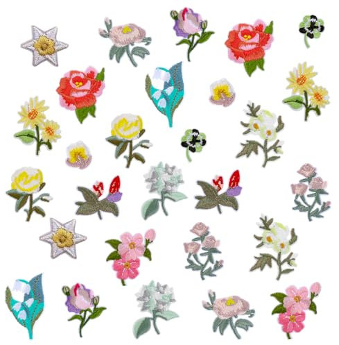 Ouligay 28 stycken blomlappar att stryka på blommor, broderade lappar, strykning, strykbilder för textilier vuxna, stryklappar för byxor, hatt, jeans, hattar, klänning, jackor