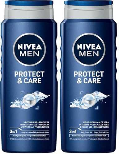 NIVEA Protect&Care Gel de ducha para hombre con aloe vera 500 ml (Paquete de 2)