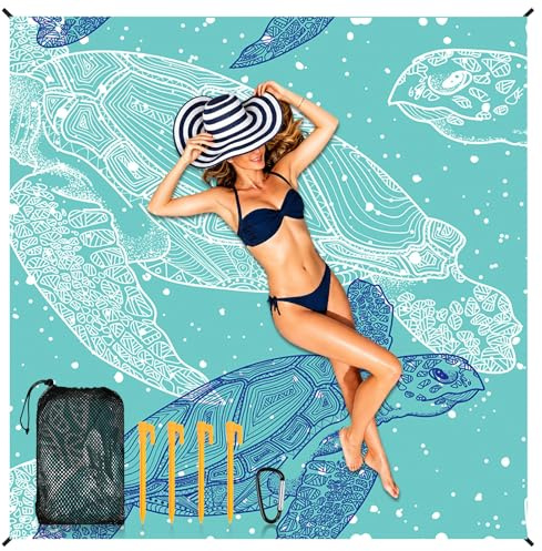 EAAGHK Manta de Playa 200 * 210CM, Esterilla Playa con 4 Clavos Fijos y Mosquetón, Manta para Picnic Impermeable, Antiarena y Plegable, Alfombras de Playa para Fiesta de Playa, Excursión, Acampada