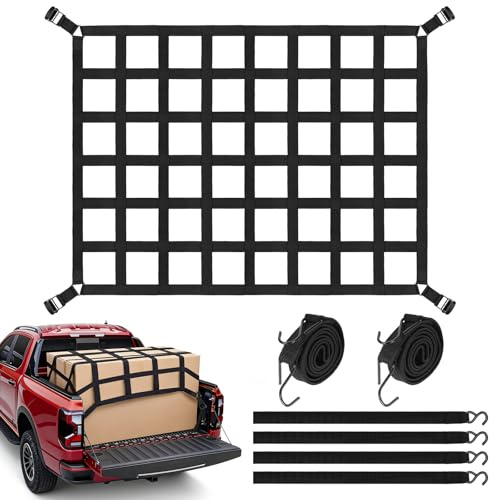 Red Maletero, Red de Carga para Pickup Camión 127x106CM, Red de Carga para Equipaje, Red de Cargas Ajustable para Remolquem, con 4 Correas Fijas y 2 Bandas Elásticas, Red Maletero para SUV