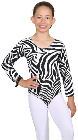 janisramone® Girls Gymnastics Leotard Kids Zebra Print Long Sleeve Bodysuit | Zebra Print Design, Long Sleeve Leotard, Stretch Fit Comfort, Gymnastics Dance Wear, Active Kids Outfit