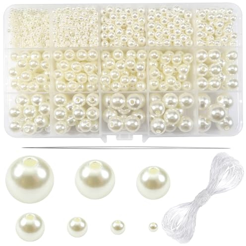 TOAOB 1400 Piezas Perlas de Imitación Beige de Plástico Redondo de 3 mm a 14 mm con Agujas de Perlas de Hilo para La Fabricación Artesanal de Joyas de Anillo de Collar de Pulsera DIY