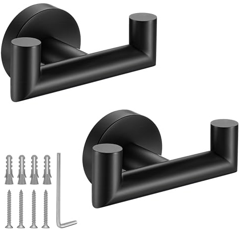 Towel Hooks for Bathrooms,Matte Black Towel Hook for Kitchen Bathroom,SUS304 Stainless Steel Coat Hook,Heavy Duty Double Towels Holder Hooks for Hanging Towels,Coats,sponges,Clothes,Wall Mount,2 Pack