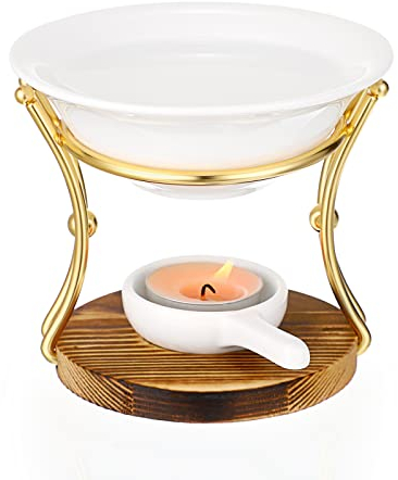 BSTKEY Metal Wooden Wax Melt Burner With Ceramic Bowl - Decorative Four-bar Shape Aroma Diffuser, Tealight Candle Holder, Essential Oil Burner