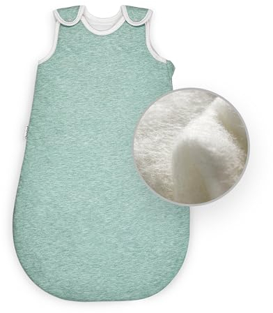 Ehrenkind® Ganzjahres-Schlafsack Rund mit Wollfüllung | 100% Bio-Baumwolle mit 100% Wolle Füllung Baby-Schlafsack | Oeko-TEX | Hellgrün Melange 74/80
