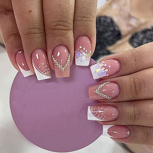 Ceboic 24 Stück Kurz Falsche Nägel, Glitzer Nude French Künstliche Nägel Glossy ress on Nails mit Kleberaufklebern, Nägel zum Aufkleben Acryl Fingernägel Fake Nails für Frauen und Mädchen