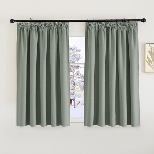 PONY DANCE Blackout Pencil Pleat Curtains, Sage Green, W66 x L54, 2 Panels | Thermal Insulated Curtains with Noise Reducing & Privacy, Luxury Soft Window Treatment for Bedroom & Living Room