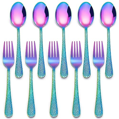 E-far Toddler Forks and Spoons Set, 10-Piece Stainless Steel Toddler Utensils Kids Safe Silverware for Self Feeding, Healthy & Non-Toxic, Rainbow