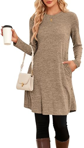 NARRAME Vestidos Tipo Jersey para Mujer de Invierno de Manga Larga con Botones causales y Bolsillos
